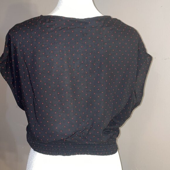Zara Semi Sheer Crop Blouse Shirt Black Red Polka Dots Smock Waist Deep V Sz L - Picture 4 of 9